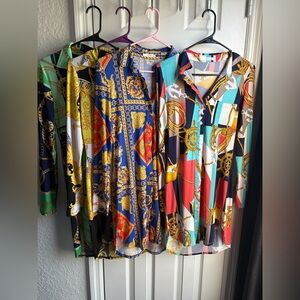 Set of 4-Multicolor Chain-Print Button-Up Shirt Dress